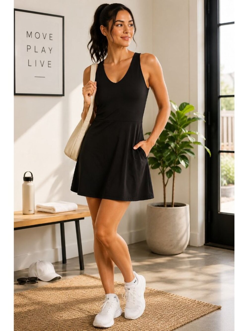 Clean Girl Athleisure Tennis Dress Black GapFit M Built In Bra Shorts NWT